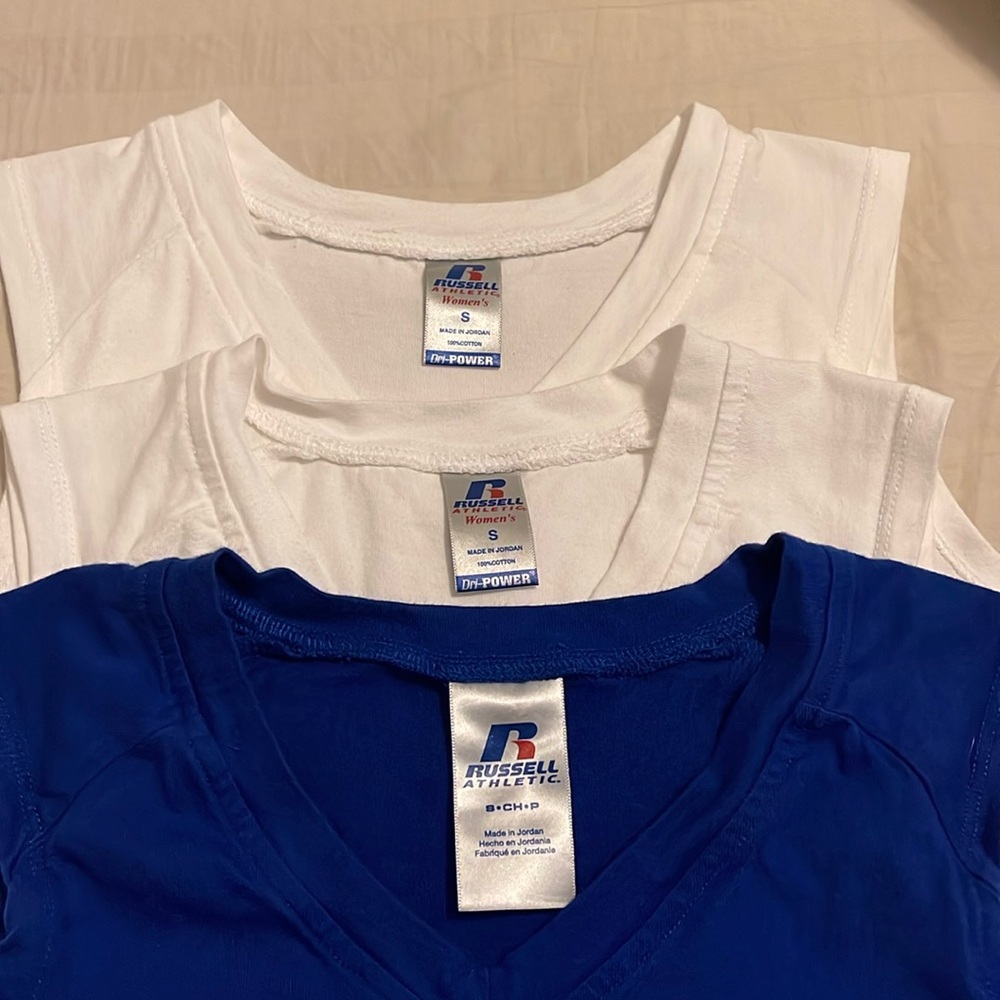 3 pack Russell athletic - smalls - 3 softball tanks (1 blue, 2 white)